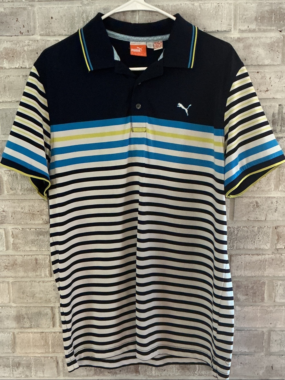 Puma Men's Navy Blue Polo with Blue, White & Yellow Stripes